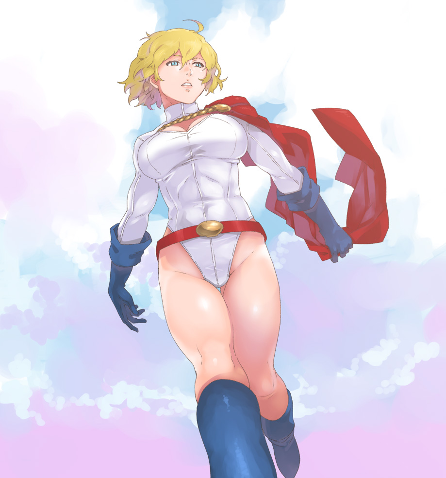 1girl, blonde_hair, blue_eyes, blue_gloves, boots, breasts, cape, cleavage_cutout