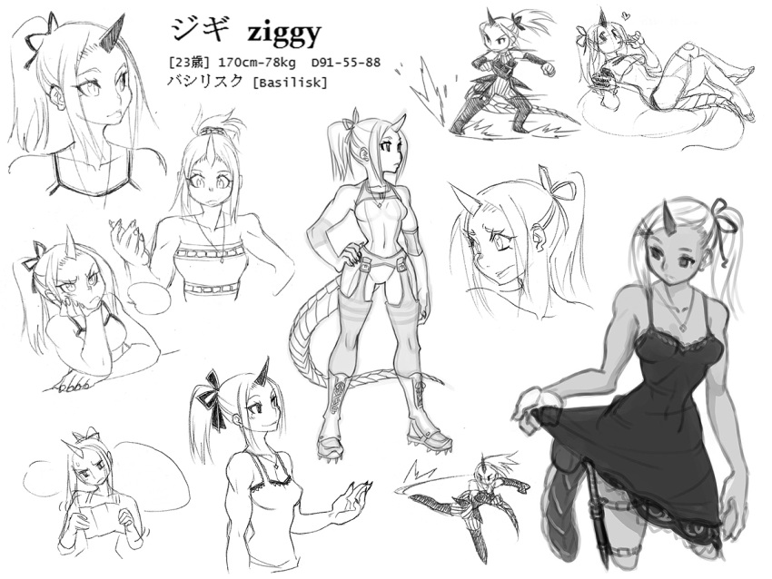 1girl, boots, character_sheet, chibi, chin_rest, cross-laced_footwear, dagger, dark_skin