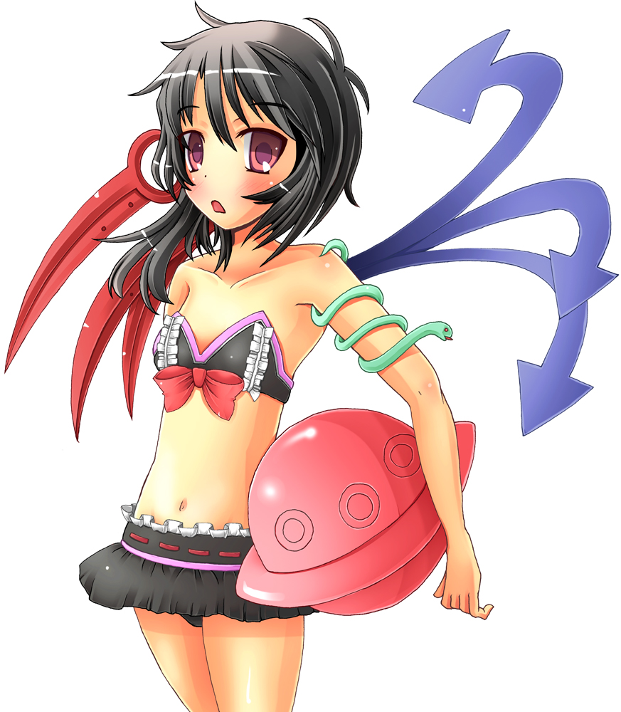 black_hair, blush, flat_chest, houjuu_nue, navel, purple_eyes, short_hair, snake