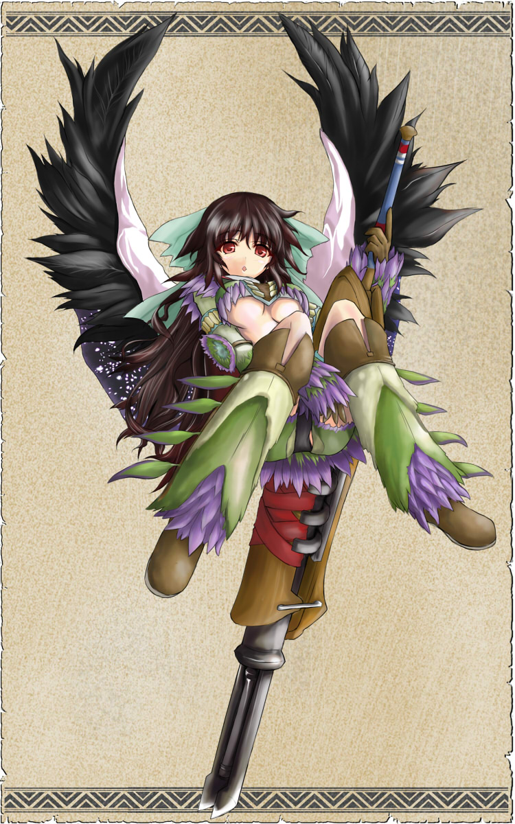 1girl, armor, boots, bow, breasts, brown_hair, cape, feathers