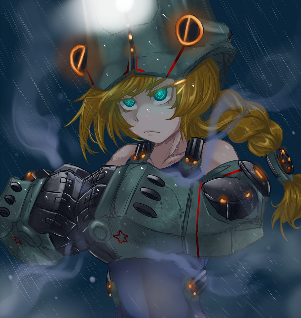 1girl, blonde_hair, braid, cherno_alpha, cracking_knuckles, dos_(artist), glowing, glowing_eyes
