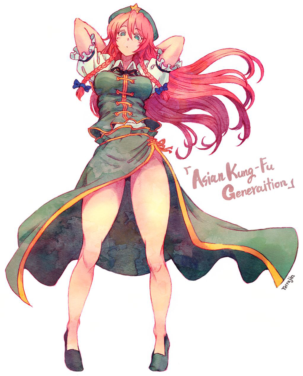 1girl, arms_up, asian_kung-fu_generation, beret, blue_eyes, braid, hair_ribbon, hat, highres, hong_meiling, long_hair, looking_at_viewer, redhead, ribbon, simple_background, solo, star, terajin, text, touhou, twin_braids, white_background