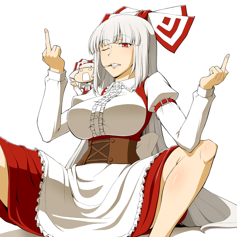 1girl, alternate_costume, azuman, bow, breasts, chibi, cigarette, fujiwara_no_mokou