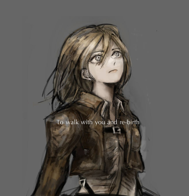 1girl, blonde_hair, christa_renz, engrish, grey_background, ranguage, shingeki_no_kyojin, short_hair