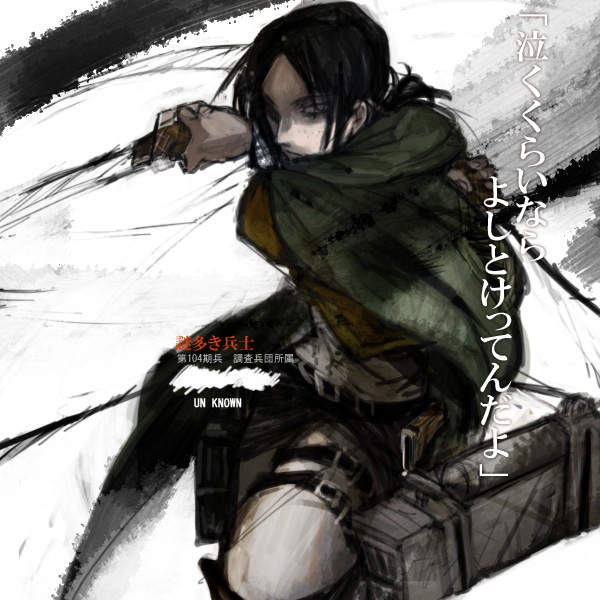 1girl, black_hair, blade, cape, shingeki_no_kyojin, solo, sumaoskirt, translation_request