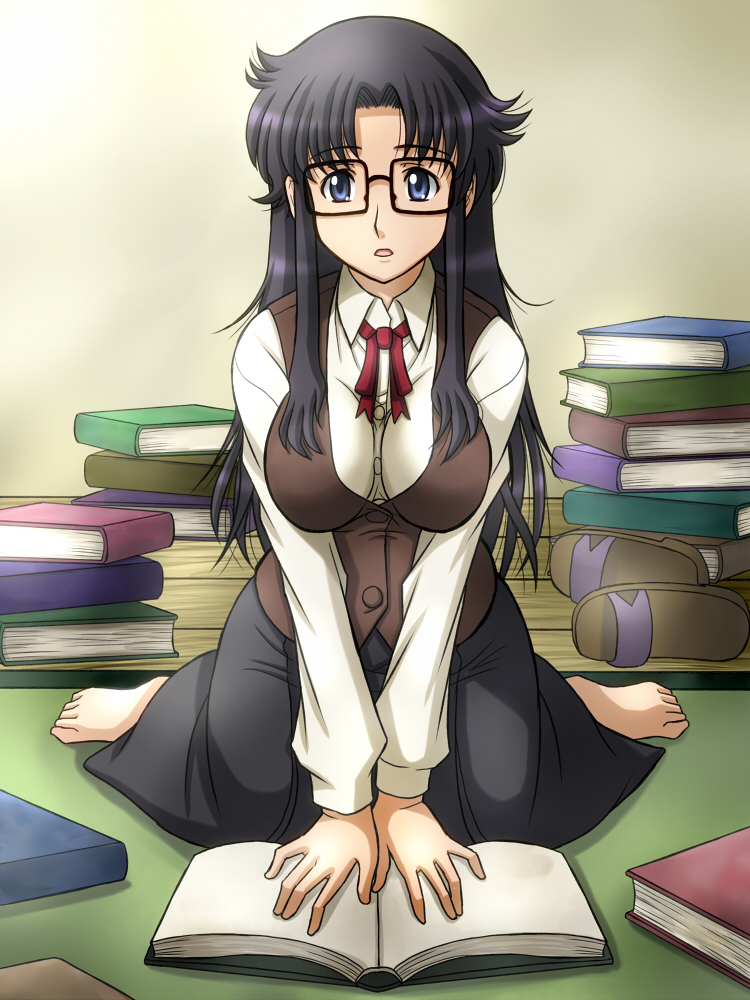 1girl, barefoot, black_hair, book, breasts, fujii_satoshi, glasses, large_breasts