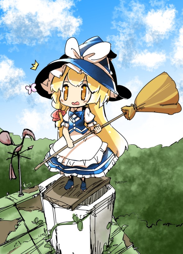 1girl, blonde_hair, bloomers, braid, deformed, fifiruu, hat, hat_ribbon