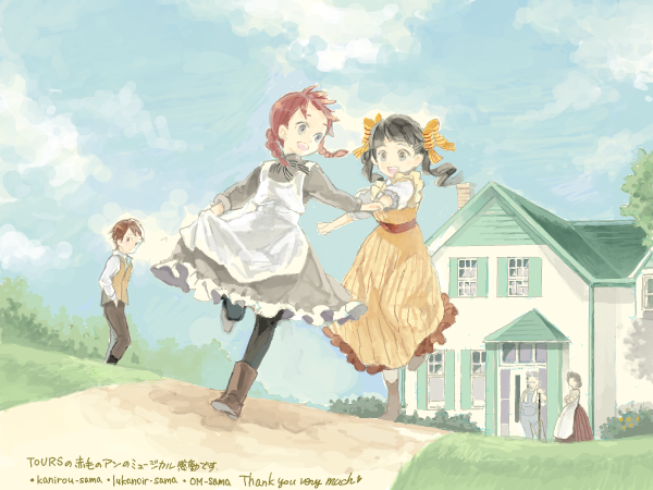 2boys, 3girls, anne_of_green_gables, anne_shirley, apron, black_hair, braid, brown_hair