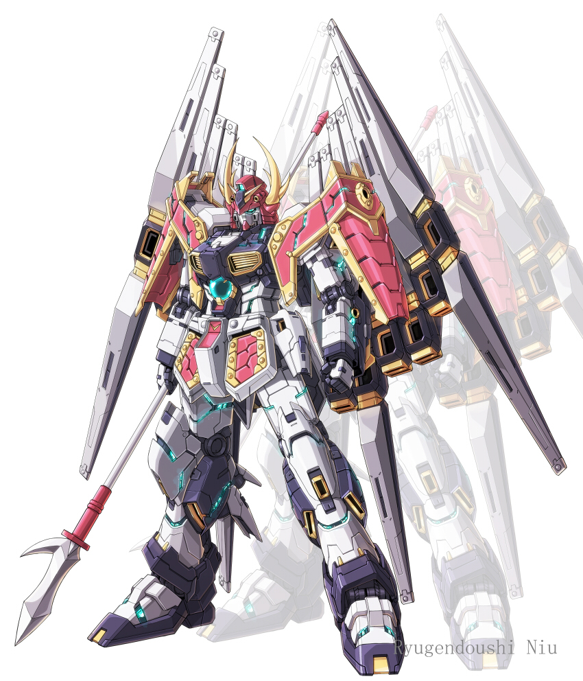 glowing, gundam, horns, mecha, no_humans, nu_gundam, nu_gundam_double_fin_funnel_type, polearm