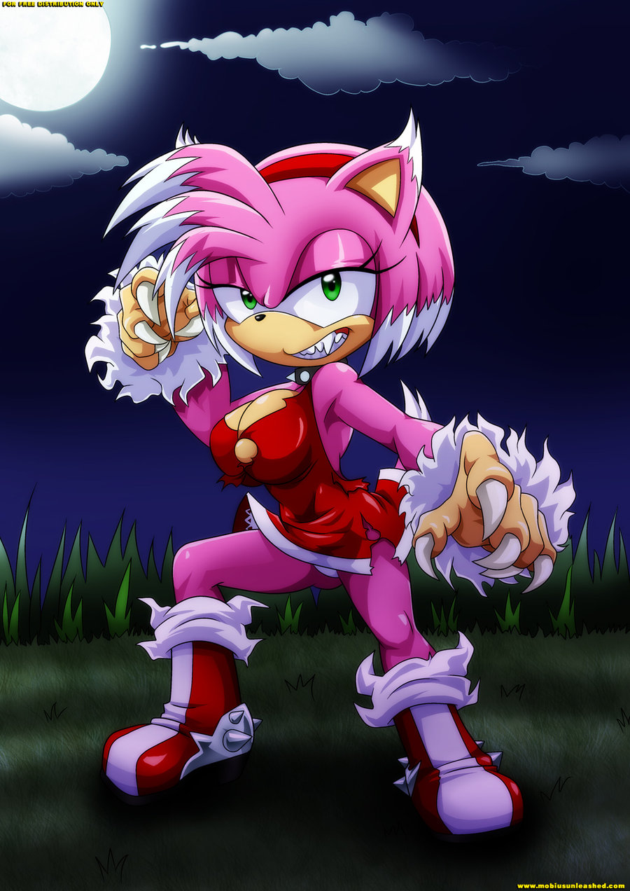 1girl, amy_rose, breasts, claws, cleavage, clouds, fang, green_eyes, large_breasts, no_humans, sega, smile, solo, sonic_(series), teeth, werehog, werewolf