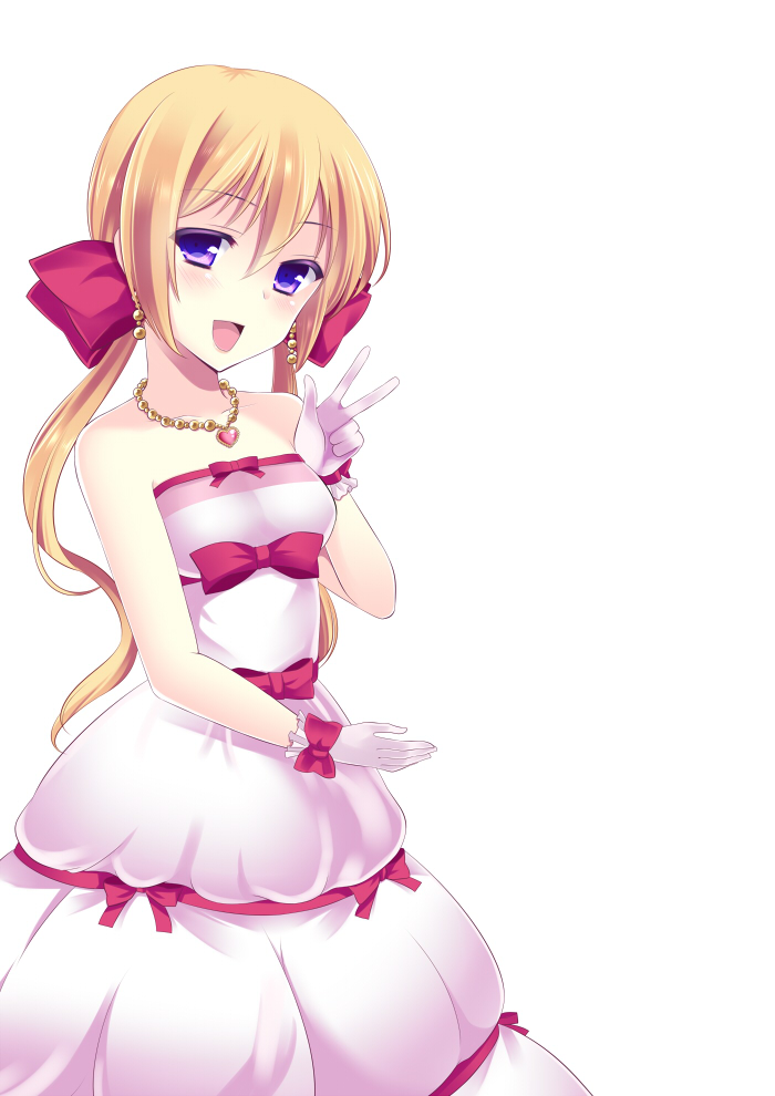 1girl, agekichi_(heart_shape), bare_shoulders, blonde_hair, blush, dress, earrings, gloves