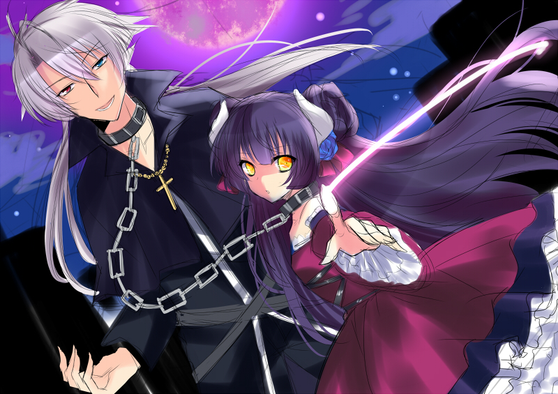 1boy, 1girl, agekichi_(heart_shape), blue_eyes, chain, collar, cross, glowing