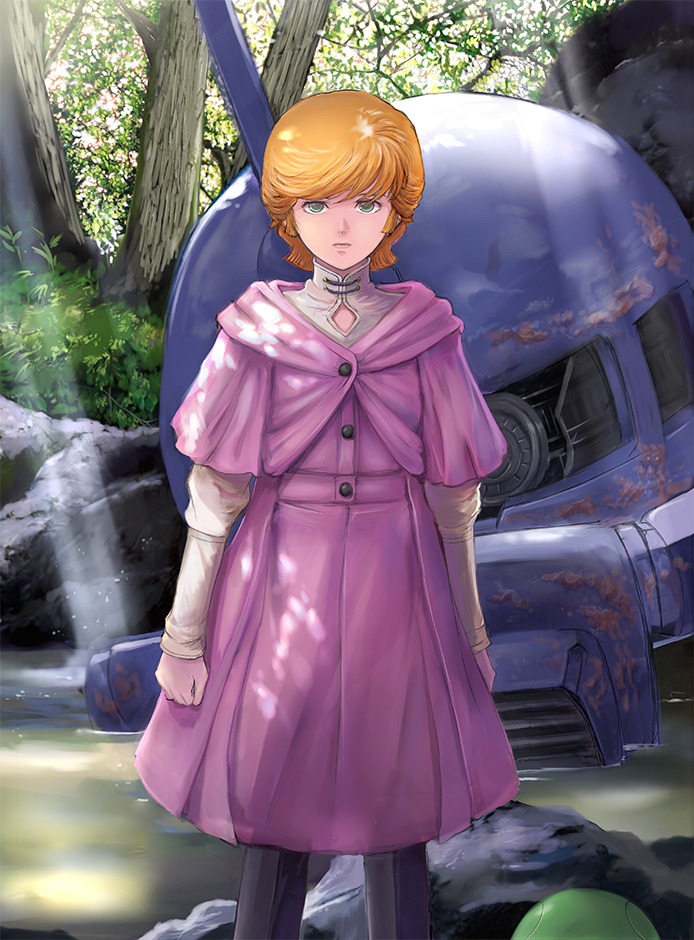 1girl, audrey_burne, black_legwear, damaged, dress, dress_shirt, forest, gacha-m