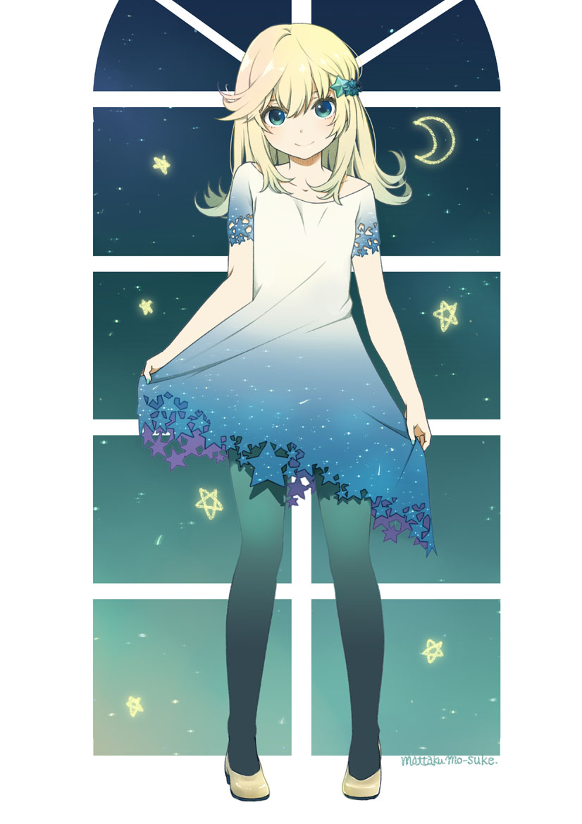 1girl, artist_name, blonde_hair, crescent, dress, green_eyes, green_legwear, hair_ornament, long_hair, mattaku_mousuke, nail_polish, original, pantyhose, shooting_star, skirt_hold, sky, smile, solo, standing, star, star_(sky), star_hair_ornament, starry_sky, window