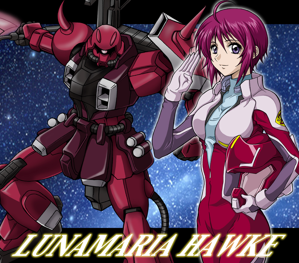 1girl, axe, beam_axe, blush, breasts, cannon, character_name, explosive, gloves, grenade, gundam, gundam_seed, gundam_seed_destiny, hanzou, headwear_removed, helmet, lunamaria_hawke, mecha, military, pilot_suit, redhead, salute, short_hair, violet_eyes, weapon, zaku, zaku_warrior_lunamaria_custom