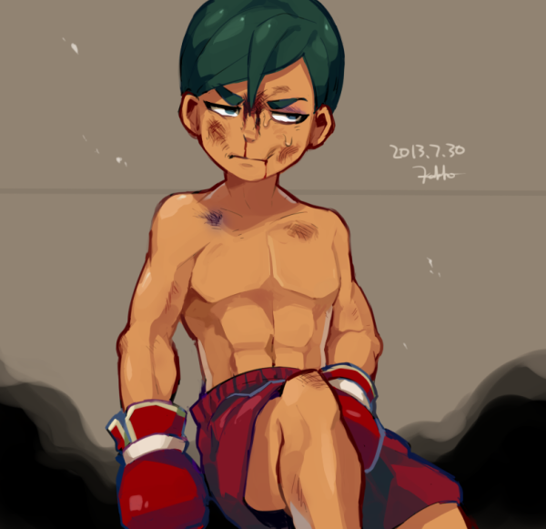 1boy, blood, boxing_gloves, bruise, dated, green_hair, inazuma_eleven_(series), inazuma_eleven_go, inazuma_eleven_go_galaxy, injury, male, monoka, napa_radaamu, short_hair, signature, solo