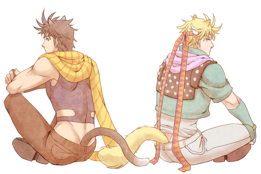 2boys, animal_ears, black_hair, blonde_hair, blue_jacket, caesar_anthonio_zeppeli, cat_ears, cat_tail