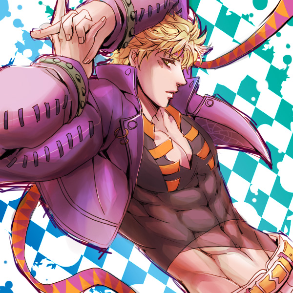 1boy, blonde_hair, bloody_stream, caesar_anthonio_zeppeli, cropped_jacket, facial_mark, headband, jacket