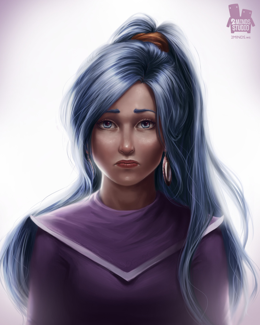 2mindsstudio, blue_hair, bust, chrono_trigger, dress, earrings, frown, highres