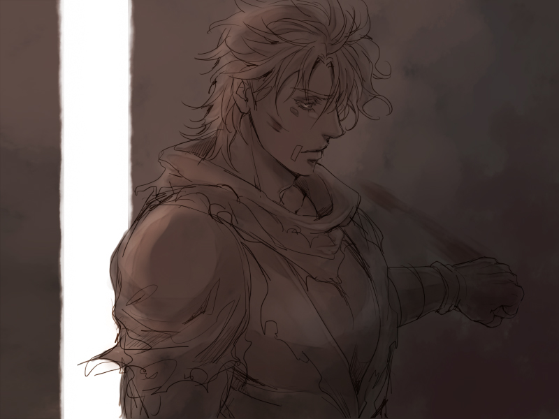 1boy, caesar_anthonio_zeppeli, facial_mark, jojo_no_kimyou_na_bouken, monochrome, rags, solo, tarahukukanimesi, teenage