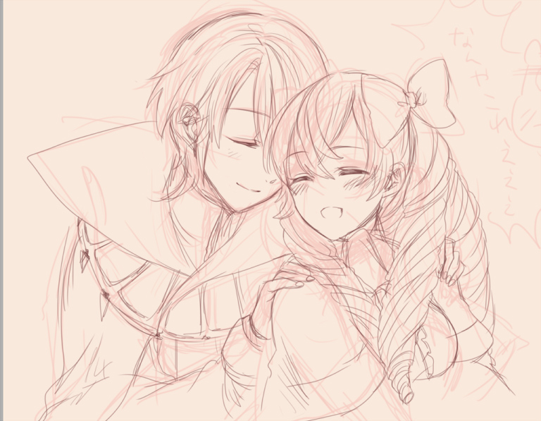 1boy, 1girl, ^_^, bangs, blush, bow, cape, closed_eyes, couple, fingernails, fire_emblem, fire_emblem:_kakusei, frills, hair_between_eyes, hair_bow, hands_on_another's_shoulders, happy, henry_(fire_emblem), kisano_(otpr), long_hair, long_sleeves, mariabel_(fire_emblem), nintendo, no_nose, open_mouth, ringlets, sketch, smile, swept_bangs