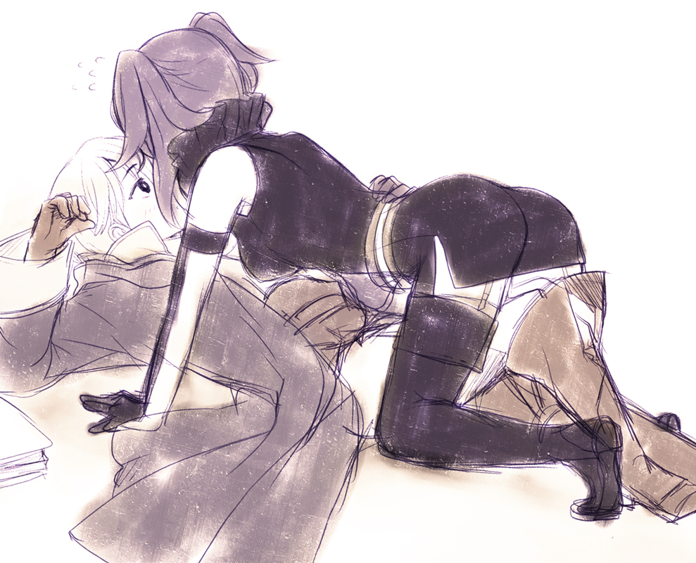 1boy, 1girl, all_fours, arm_support, belt, black_eyes, blue_gloves, blush