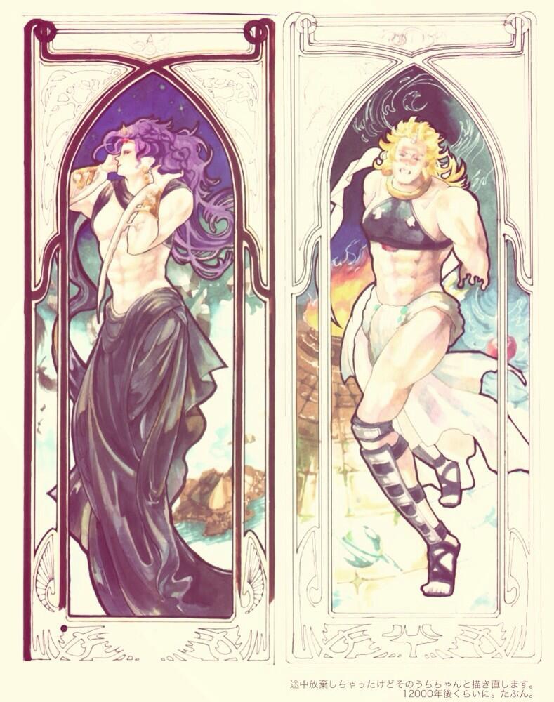 2boys, amputee, art_nouveau, blonde_hair, cars_(jojo), jojo_no_kimyou_na_bouken, multiple_boys, purple_hair, totocosakana, traditional_media, wham