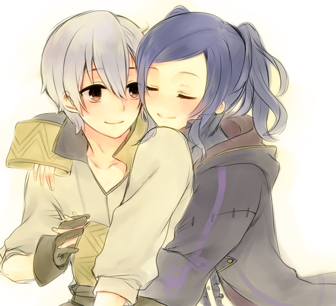1boy, 1girl, alternate_costume, arm_up, bangs, blue_hair, blush, brown_eyes