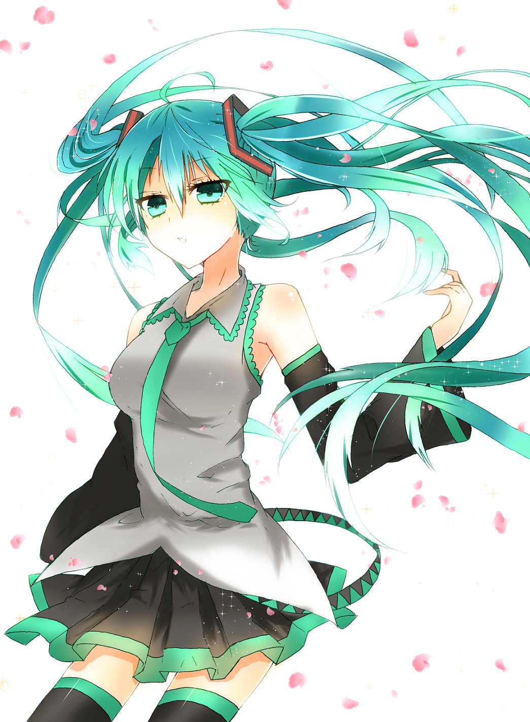 1girl, detached_sleeves, floating_hair, green_eyes, green_hair, hatsune_miku, highres, kurana