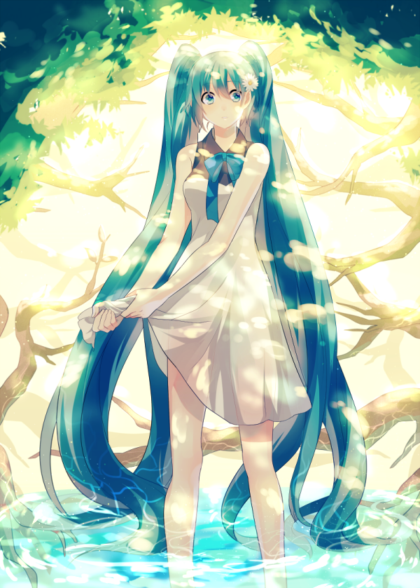 1girl, achiki, alternate_costume, aqua_eyes, aqua_hair, bare_arms, bare_shoulders, dress
