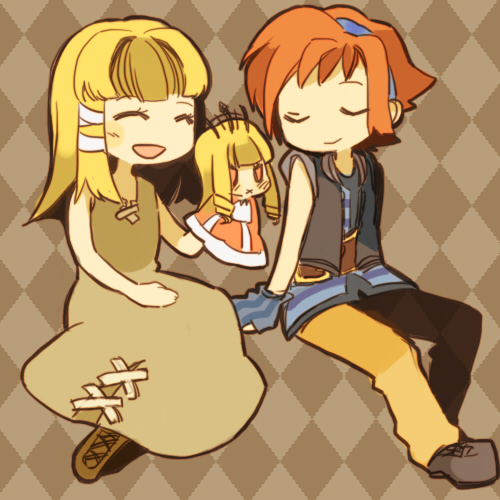 1boy, 1girl, :d, ^_^, bangs, blonde_hair, blue_gloves, blunt_bangs, blush, boku_to_maou, chibi, closed_eyes, cross-laced_footwear, dress, fingerless_gloves, gloves, hairband, jacket, long_dress, long_hair, lowres, open_mouth, orange_hair, pants, princess_marlene, puppet, red_eyes, ringlets, ruka_(boku_to_maou), shirt, sitting, sleeveless, sleeveless_dress, smile, spoilers, striped, striped_shirt, tiara, vertical_stripes