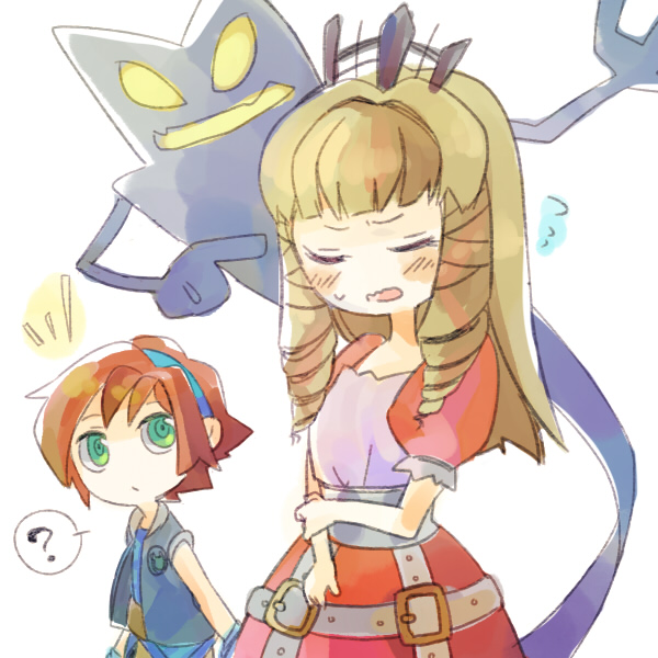1girl, 2boys, ?, arm_grab, bangs, belt, blonde_hair, blunt_bangs