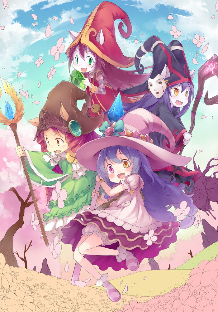 4girls, baron_nashor, blue_hair, dress, flower, fred04142, green_eyes, hat