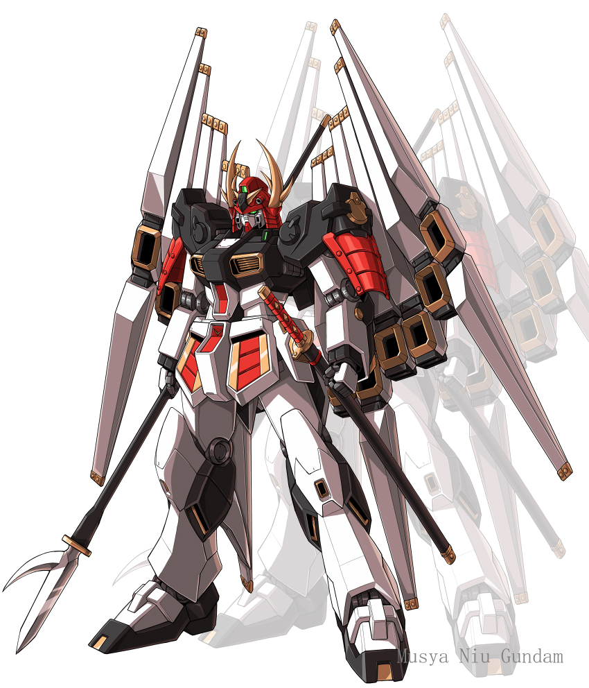 gundam, horns, mecha, no_humans, nu_gundam, nu_gundam_double_fin_funnel_type, polearm, samurai