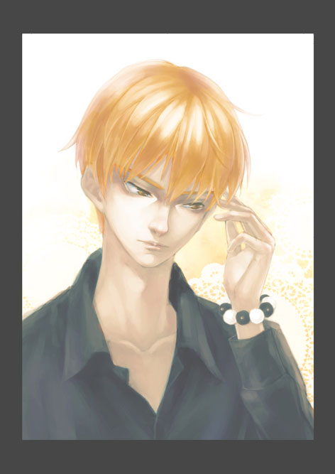 1boy, black_shirt, border, bracelet, doily, fruits_basket, jewelry, long_sleeves, male, mimzy, orange_hair, pearl, portrait, shirt, short_hair, solo, souma_kyou