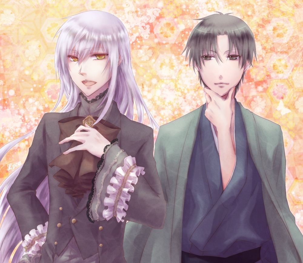 2boys, black_eyes, black_hair, bowtie, chin_grab, doily, frilled_sleeves, frills