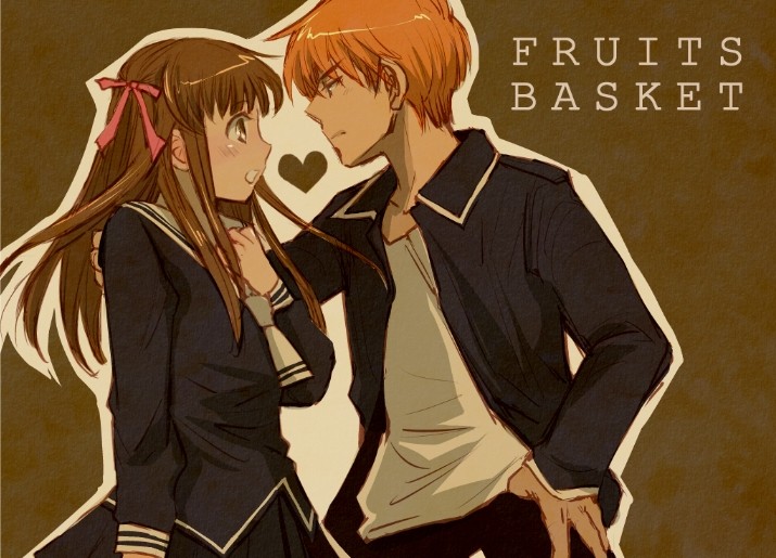 1boy, 1girl, brown_hair, copyright_name, fruits_basket, gsm101, heart, holding