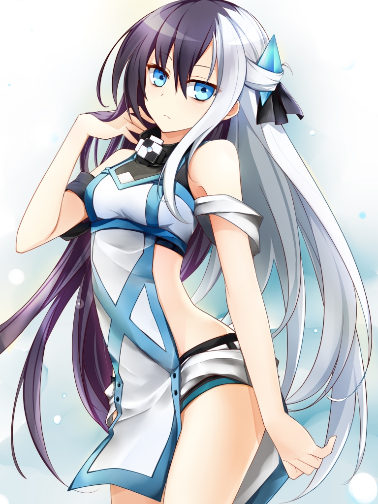1girl, arm_garter, black_hair, blue_eyes, hair_ornament, long_hair, looking_at_viewer, mini_shorts, multicolored_hair, original, red-eyes_macadamiachoco, solo, two-tone_hair, white_hair