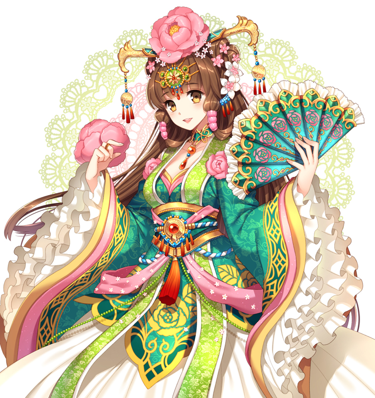 1girl, braid, brown_eyes, brown_hair, character_request, chinese_clothes, dress, fan, floral_print, flower, green_dress, hair_flower, hair_ornament, hair_stick, hanfu, jewelry, long_sleeves, multicolored_dress, nardack, necklace, pendant, sangokushi_batoru, sash, smile, solo, twin_braids, white_dress, wide_sleeves