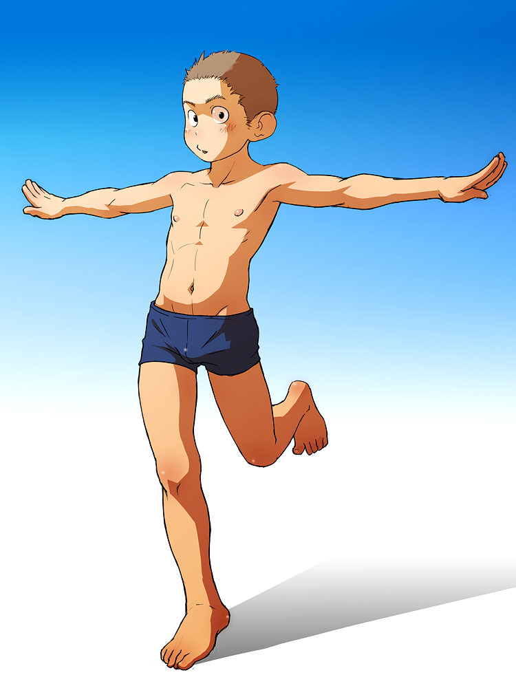 1boy, arms_up, barefoot, blush, briefs, brown_hair, leg_lift, male, muscle, navel, original, shirtless, solo, torte_(triggerhappy), underwear