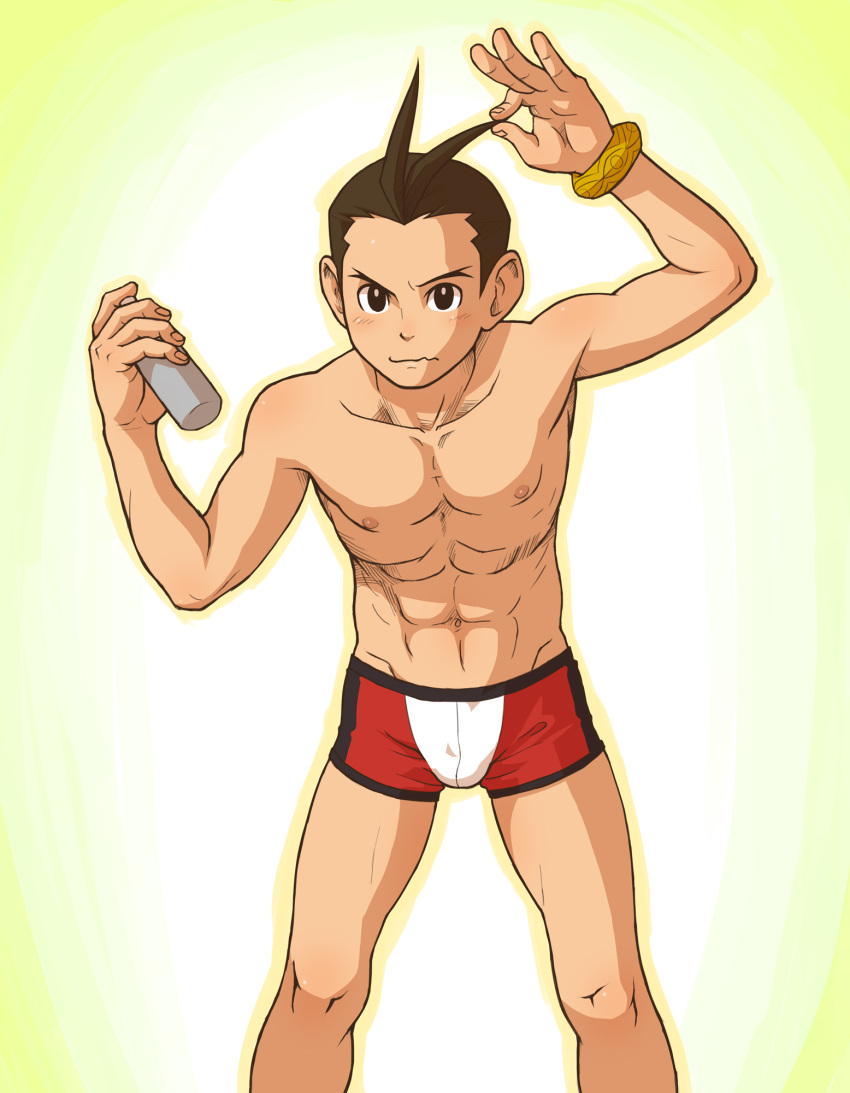 1boy, ahoge, briefs, brown_eyes, brown_hair, gyakuten_saiban, highres, male