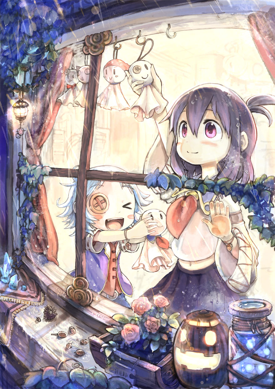 >_<, 2girls, blue_hair, blush_stickers, child, flower, happy, highres, jack-o'-lantern, katou_tabihito, multiple_girls, original, pink_eyes, purple_hair, rain, rose, short_hair, side_ponytail, skirt, smile, vest, window