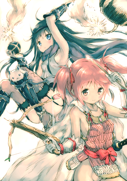 2girls, akemi_homura, alternate_costume, arm_up, armor, black_hair, black_legwear, blue_eyes, bomb, bow_(weapon), breasts, cape, censored, collarbone, convenient_censoring, crossbow, crossbow_bolts, garter_straps, gauntlets, gloves, hair_ribbon, hairband, kaname_madoka, kyubey, looking_at_viewer, magical_girl, mahou_shoujo_madoka_magica, multiple_girls, no_panties, pink_eyes, pink_hair, ribbon, sash, scarf, sideboob, sleeveless, sleeveless_shirt, thigh-highs, throwing, twintails, weapon, white_gloves, yoshinogai
