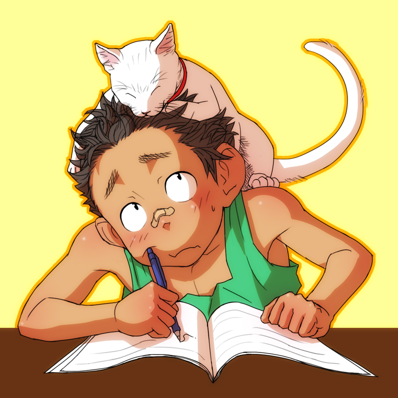 1boy, animal_on_head, bandaid, bandaid_on_nose, blush, cat, cat_on_head, male
