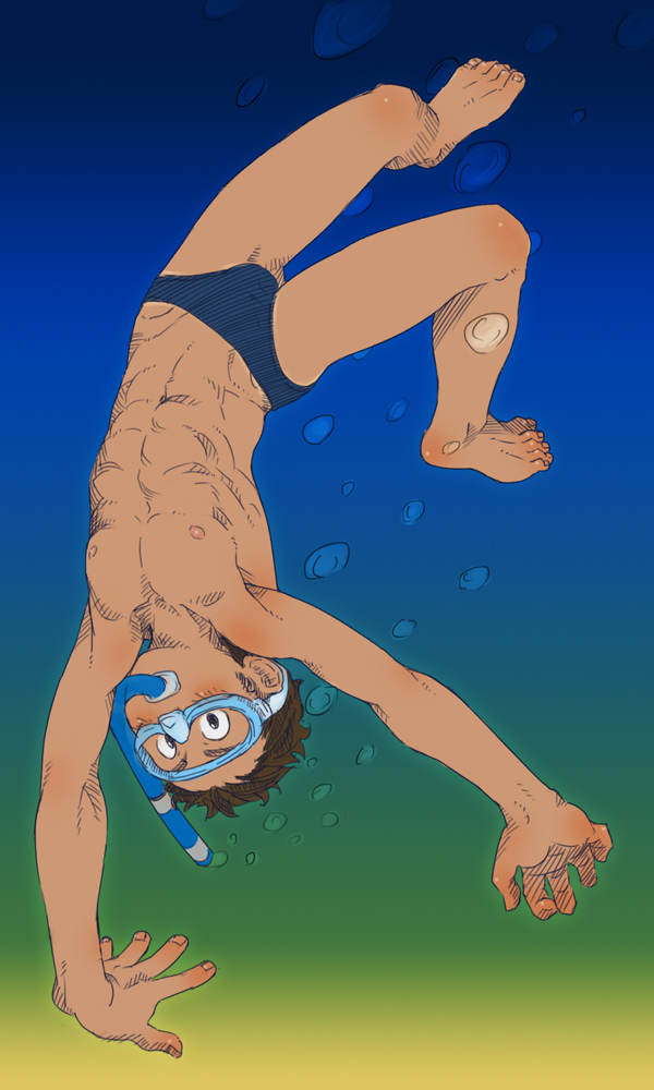 1boy, barefoot, blush, brown_hair, diving_mask, male, muscle, navel