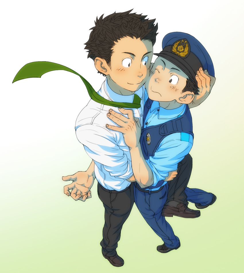 2boys, blush, brown_hair, highres, hug, male, multiple_boys, necktie