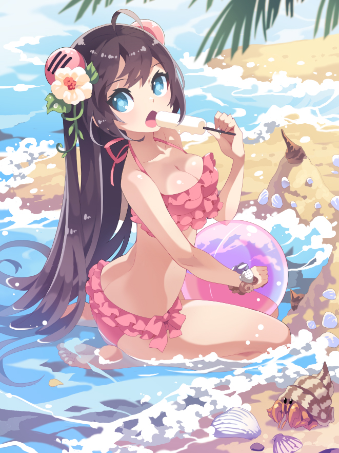 1girl, ahoge, ball, barefoot, beach, bf._(sogogiching), bikini, blue_eyes
