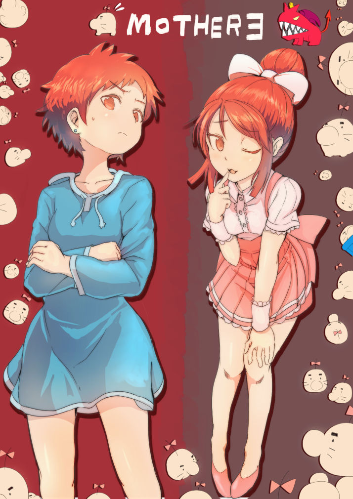 crossed_arms, doseisan, earrings, hoodie, jewelry, kumatora, mother_(game), mother_3, nintendo, pink_eyes, pink_hair, samidare, short_hair, smile, waitress, wink, yoshikoshi_(mother_3)