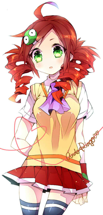 1girl, ahoge, andou_ringo, arm_behind_back, character_name, drill_hair, green_eyes, hair_ornament, hairclip, heart, heart_of_string, necktie, no_nose, puyopuyo, puyopuyo_7, redhead, school_uniform, sgawarananto, short_hair, skirt, solo, sweater_vest, thigh-highs, twin_drills, twintails, white_background