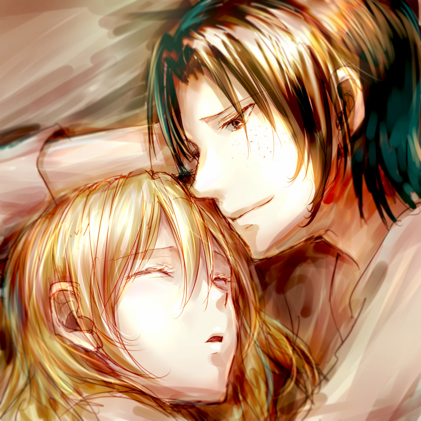 2girls, black_hair, blonde_hair, christa_renz, close-up, closed_eyes, face, fuyuyuki_gekka